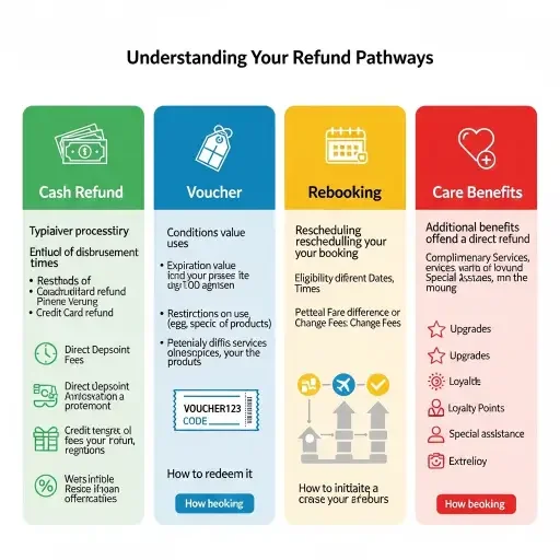 A summary infographic contrasting refund pathways: cash refund, voucher, rebooking, and care benefits