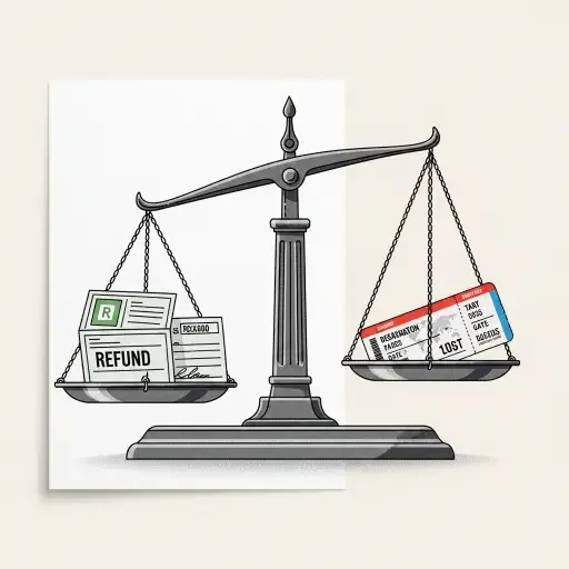 An editorial note card with a buyer-seller balance scale, one side holding a refund cheque, the other holding a boarding pass