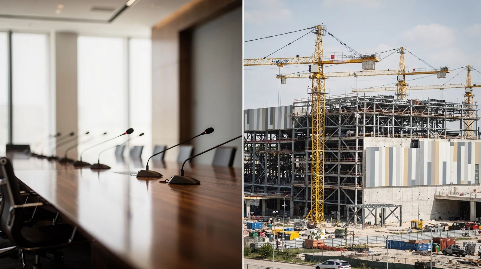 Empty conference table with muted microphones beside construction cranes at a data center shell, split composition