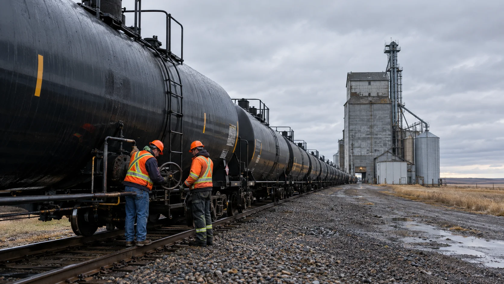 Crude tank cars queued beside a prairie grain elevator as workers inspect valves in overcast light