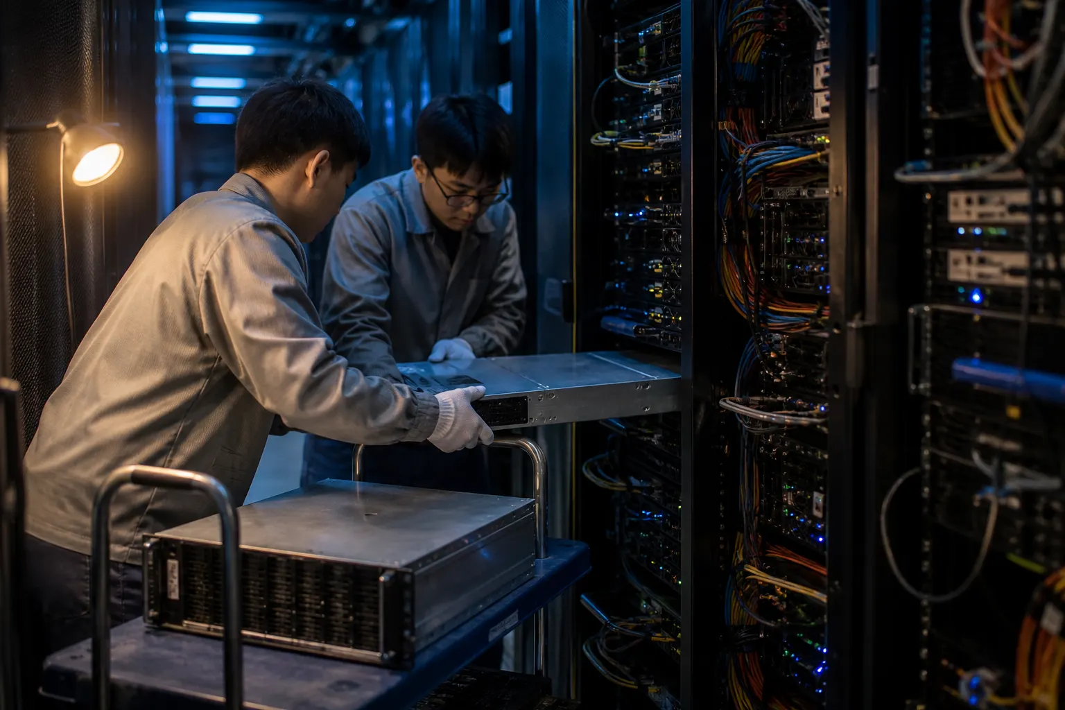Two technicians in a Hangzhou colo aisle sliding a server tray from a half-populated rack under cool LED light and a single work lamp