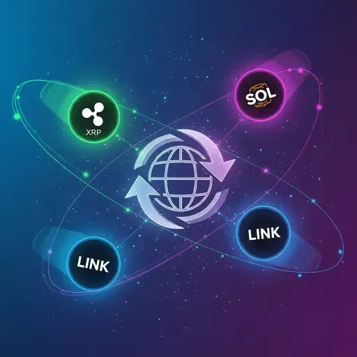 A stylized ETF basket visualization, showing XRP, SOL, LINK icons orbiting a central exchange symbol