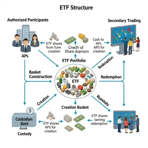 An illustration of ETF structure: authorized participants, basket construction, custody, and secondary trading