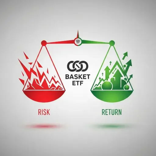 Final summary graphic: a balanced scale of risk and return, with the basket ETF at center
