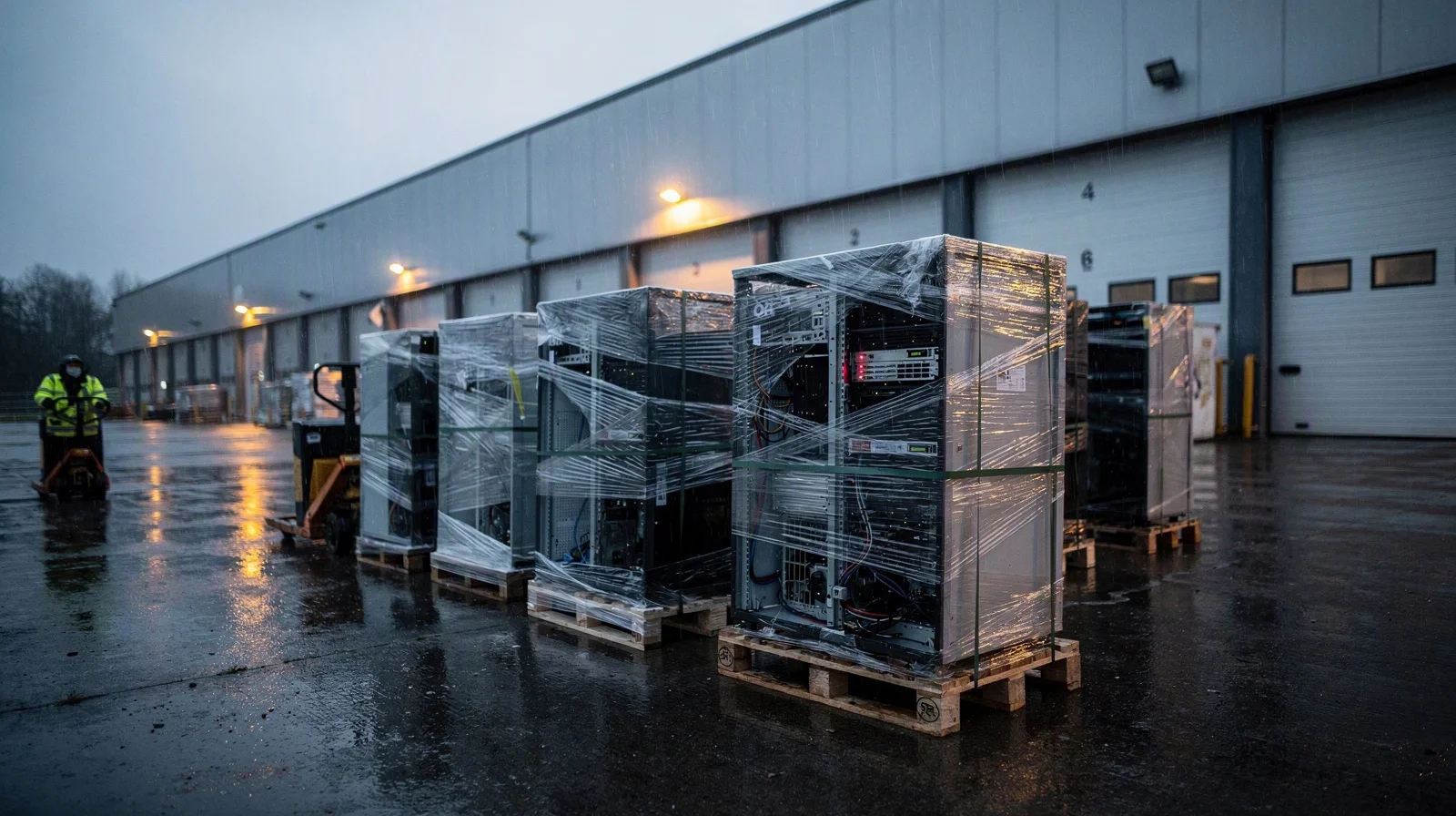 Server racks wrapped for delivery outside an industrial facility in rain