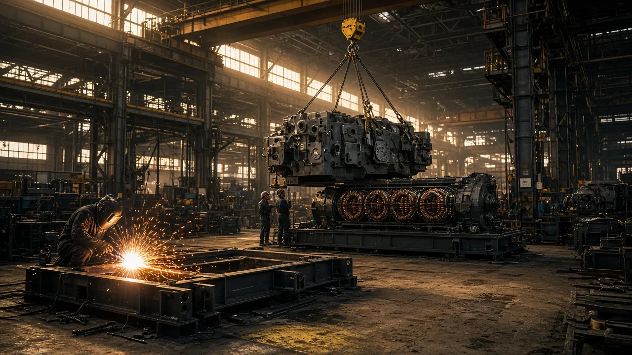 Factory floor: a large generator skid under an overhead crane, weld light on oil-stained concrete