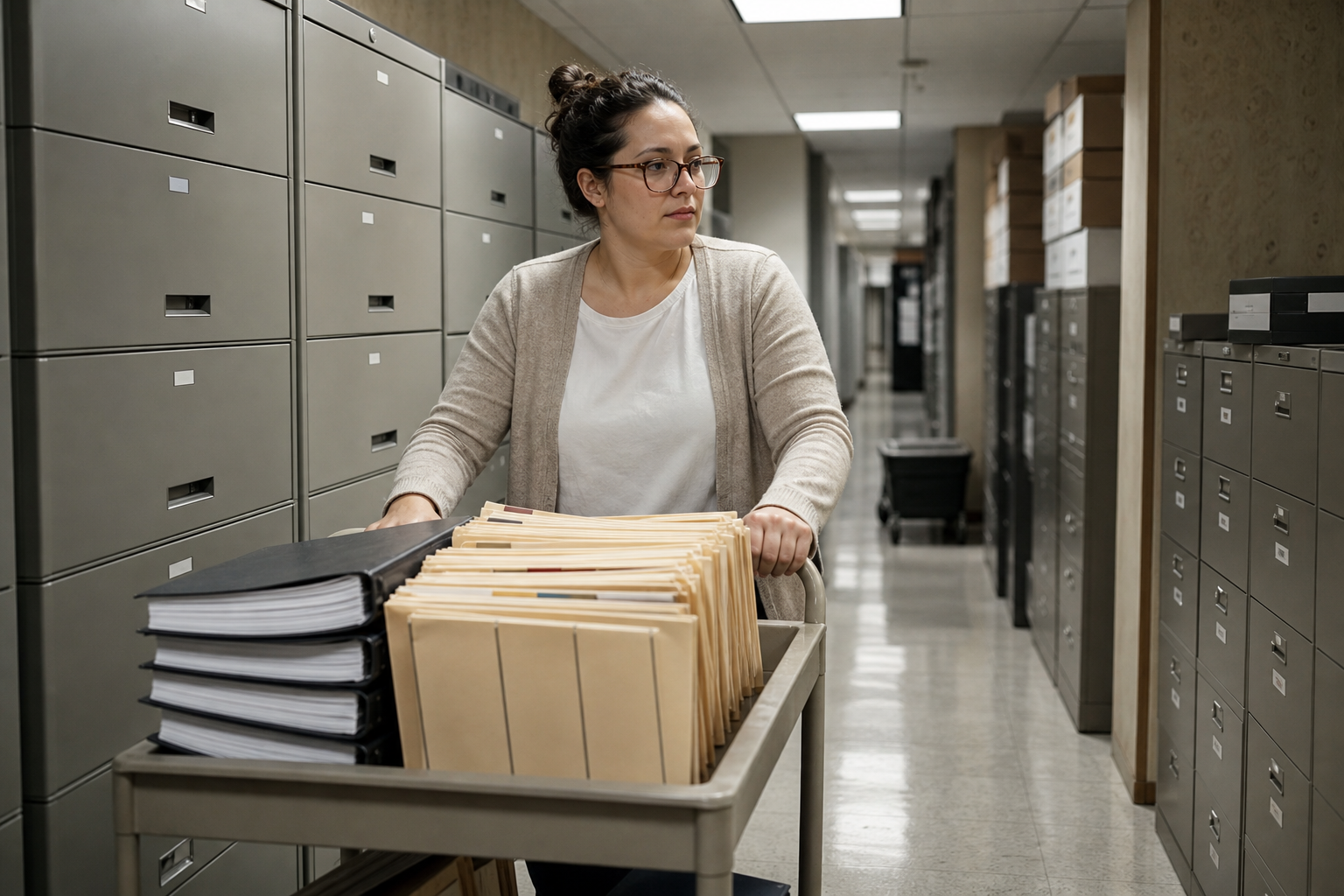 Fund administrator back-office corridor: metal filing cabinets stacked with quarterly report binders, fluorescent light, a clerk wheeling a cart of manila folders