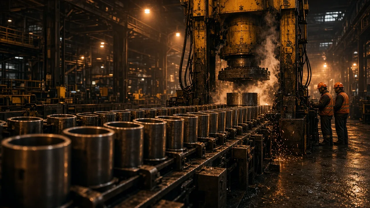 Night shift inside an ammunition metal-parts plant, forged steel shell casings on a conveyor under amber high-bay lights