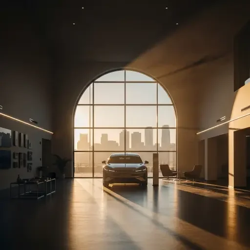 A closing shot of a nearly empty showroom, sunlight slanting through a large window, signifying a pause in the cycle