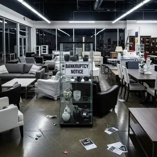A showroom floor with scattered furniture and a “Bankruptcy Notice” sticker on a display cabinet