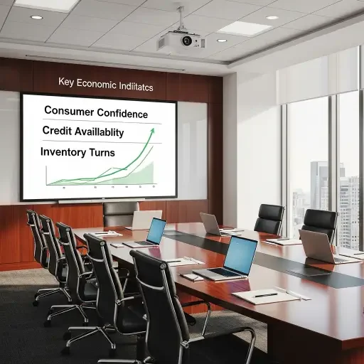 An investor meeting room, with a whiteboard listing “Consumer Confidence,” “Credit Availability,” and “Inventory Turns