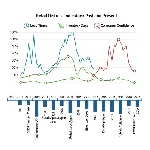 Timeline graphics showing past retail distress events and current indicators (lead times, inventory days, consumer confidence)