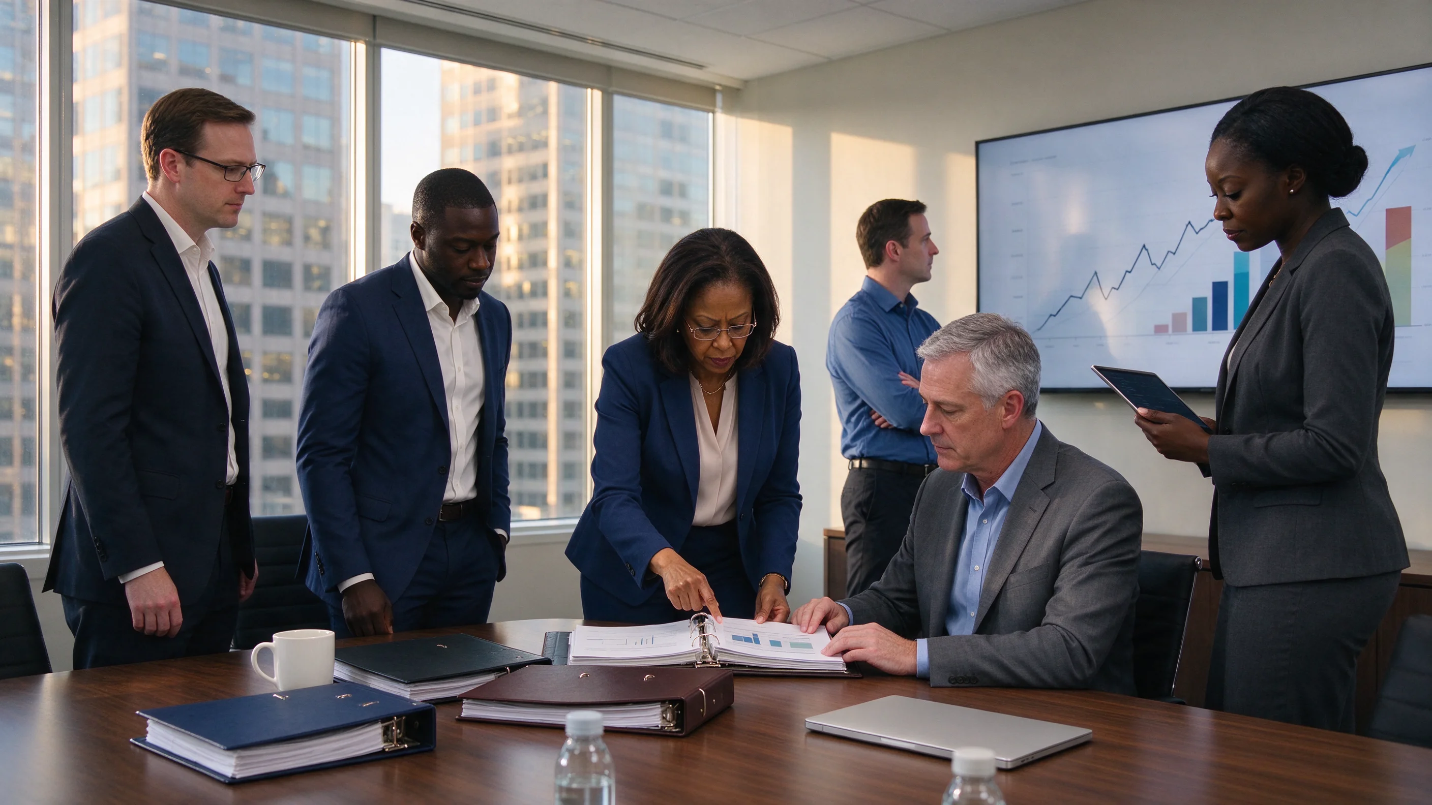 Bank executives and a compliance officer review binders beside blurred charts in a sunlit Charlotte conference room