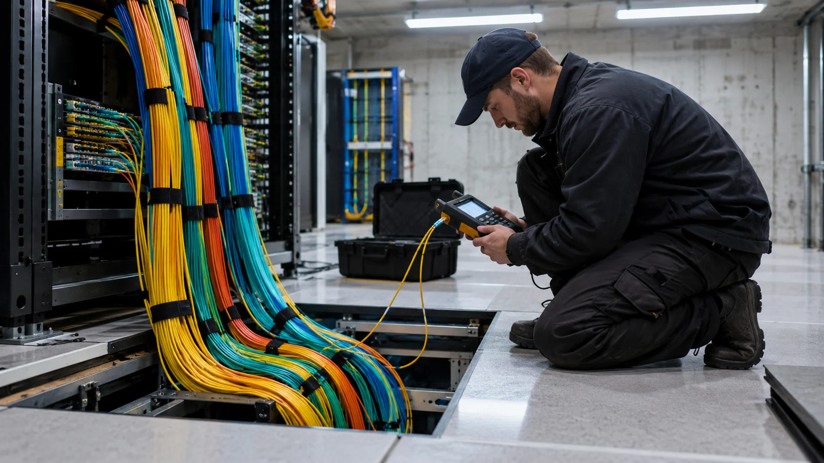 Technician kneeling in a carrier meet-me room among thick bundles of color-coded fiber entering floor panels