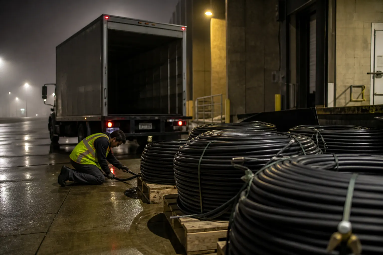 A night-shift technician kneeling on a wet colocation loading dock beside coiled fiber trunks and an unmarked box truck under sodium lamps in fog