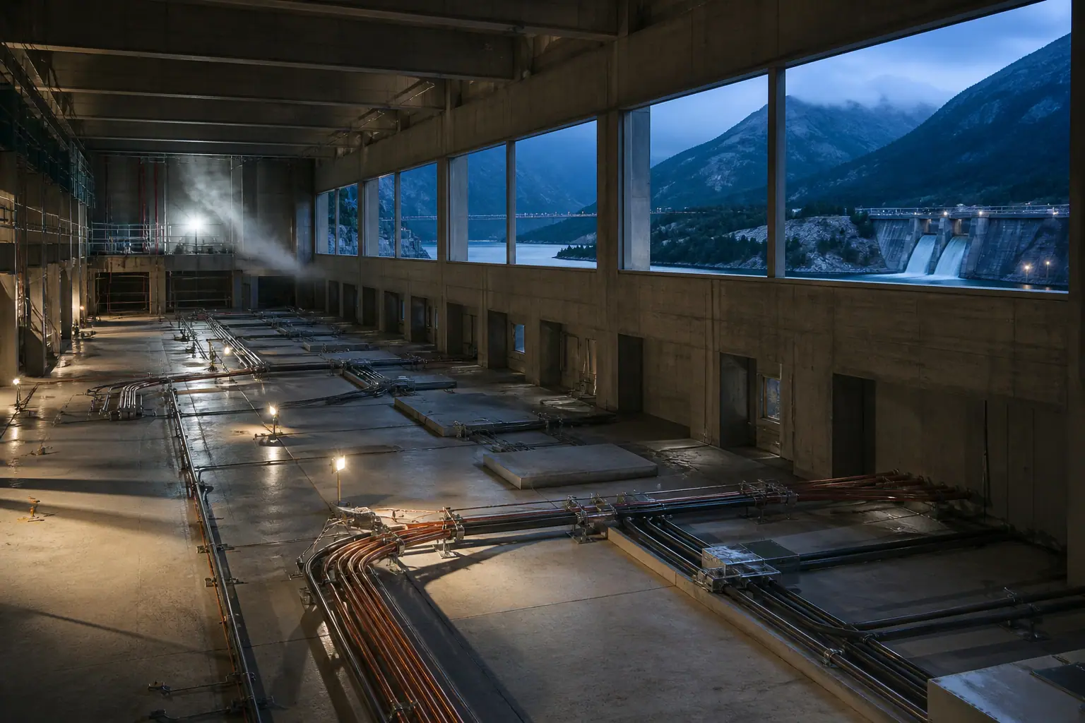 Unfinished Nordic data hall with copper bus bars under work lights, a fjord dam visible through high clerestory windows at dusk