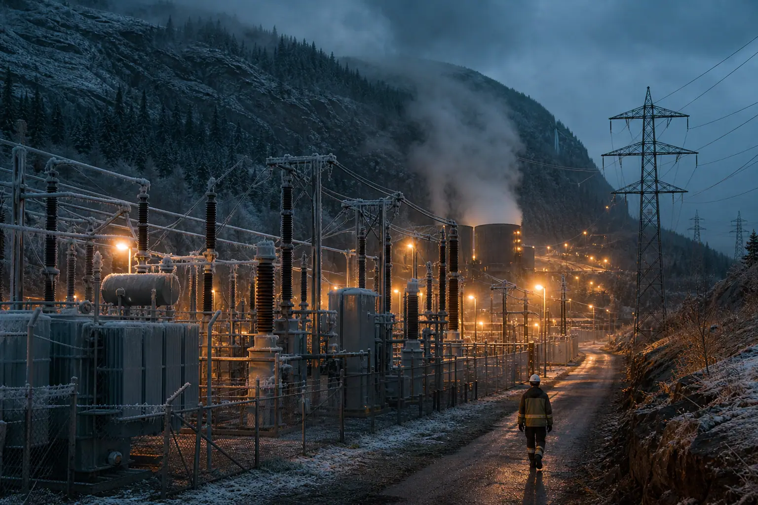 Norwegian hydroelectric switchyard at blue hour with frosted transformers, mist, and a lone technician walking gravel under sodium lamps