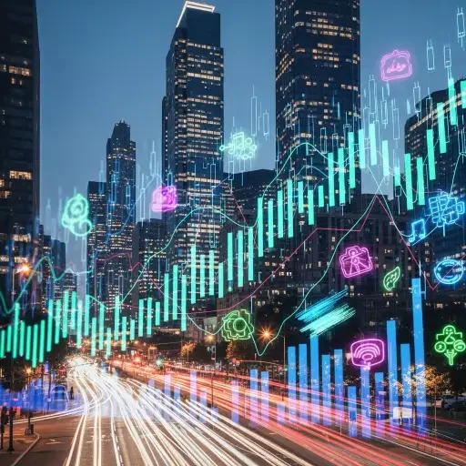 A bustling metropolitan nightscape lit with neon and streaming financial graphs overlaid on skyscraper silhouettes, suggesting a fusion of finance, tech, and culture