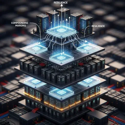 A layered stack of data centers and AI chips, with arrows illustrating compounding margins and resilience
