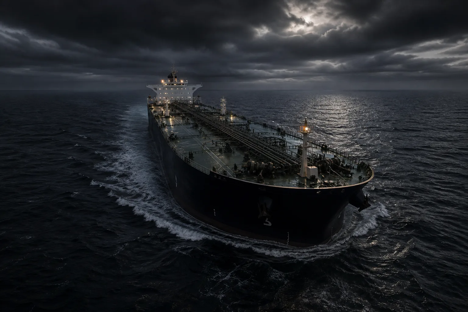 A lone product tanker on dark open ocean under heavy cloud, navigation lights the only warm points