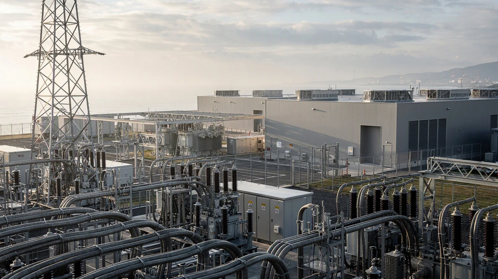 A coastal power-station switchyard and data-center building connected by dense high-voltage equipment