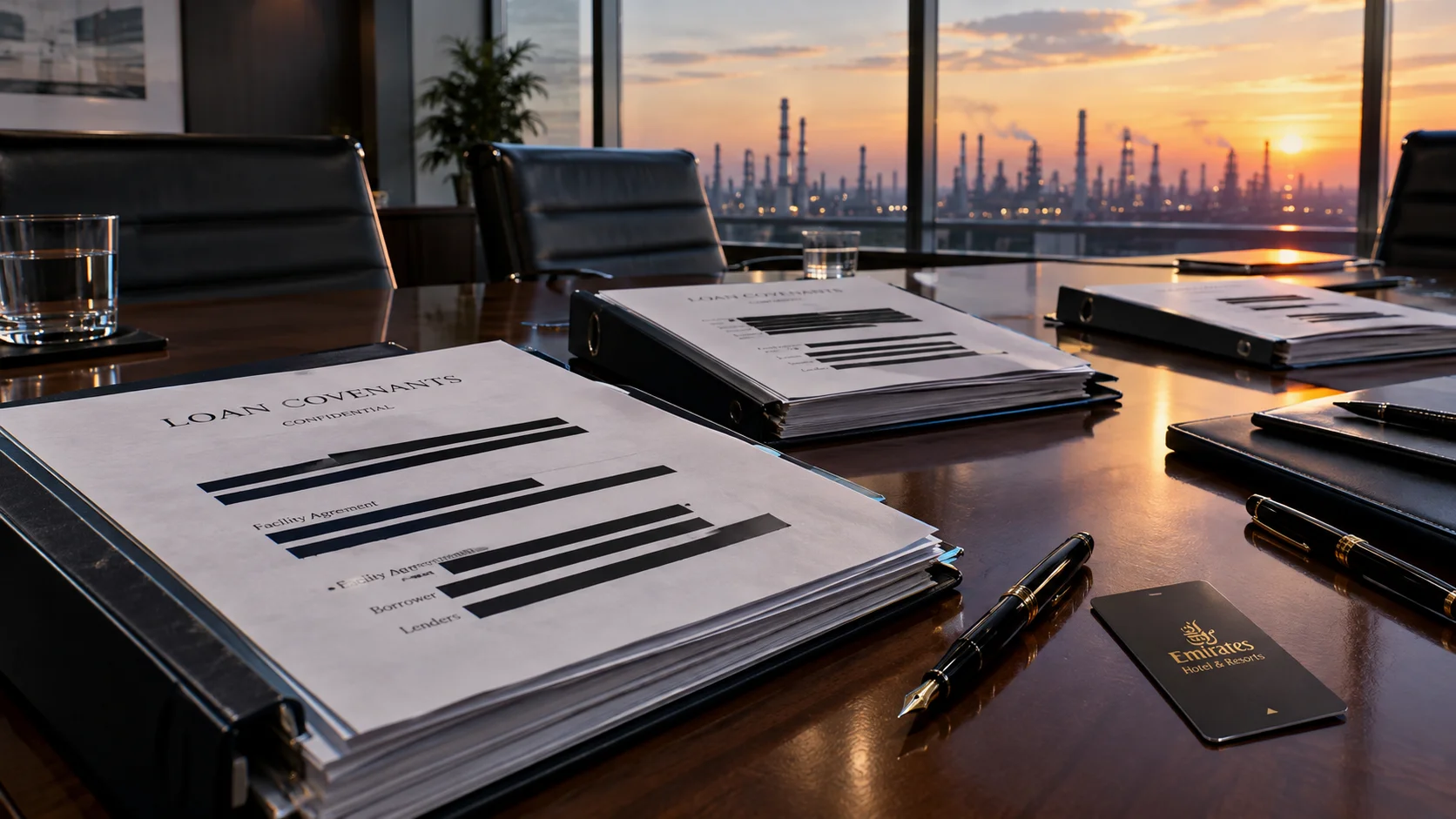 Conference table with loan binders and pens, window view of distant refinery stacks at dusk