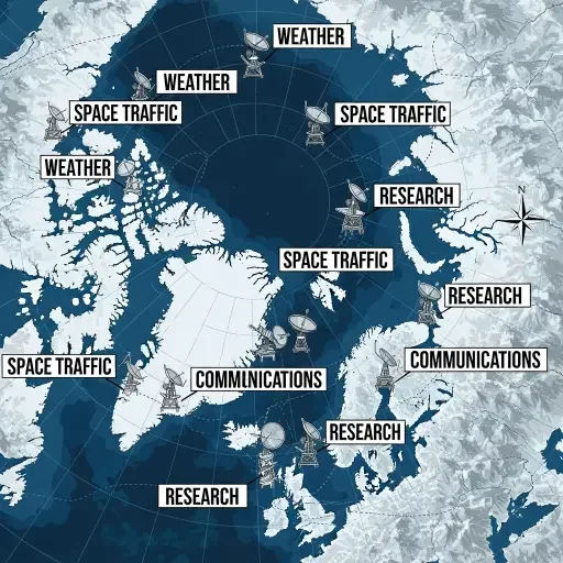 A coast-to-inland map showing distributed Arctic antenna sites with weighty labels: Weather, Space Traffic, Communications, Research