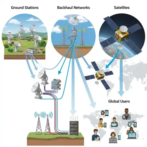 Diagram showing a data-flow chain: ground stations → backhaul networks → satellites → global users