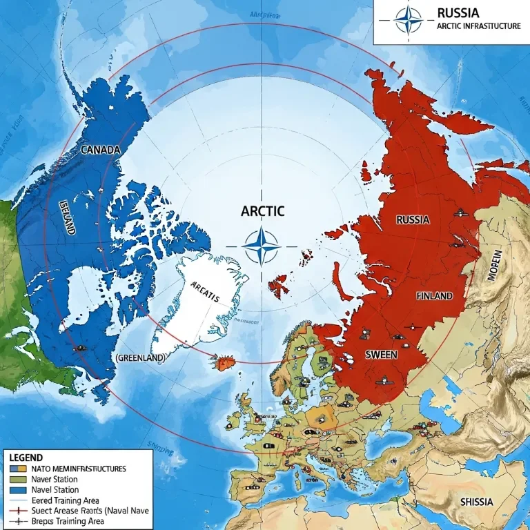 Map showing NATO Arctic member states encircling Russian northern territories with military infrastructure locations