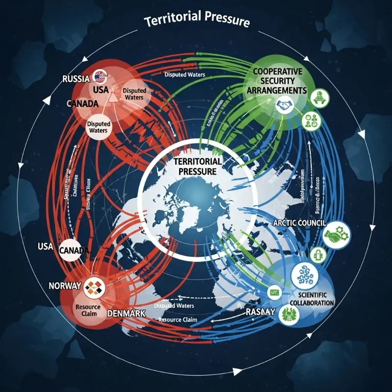 Network diagram showing the fragmentation of Arctic alliances under territorial pressure versus cooperative security arrangements