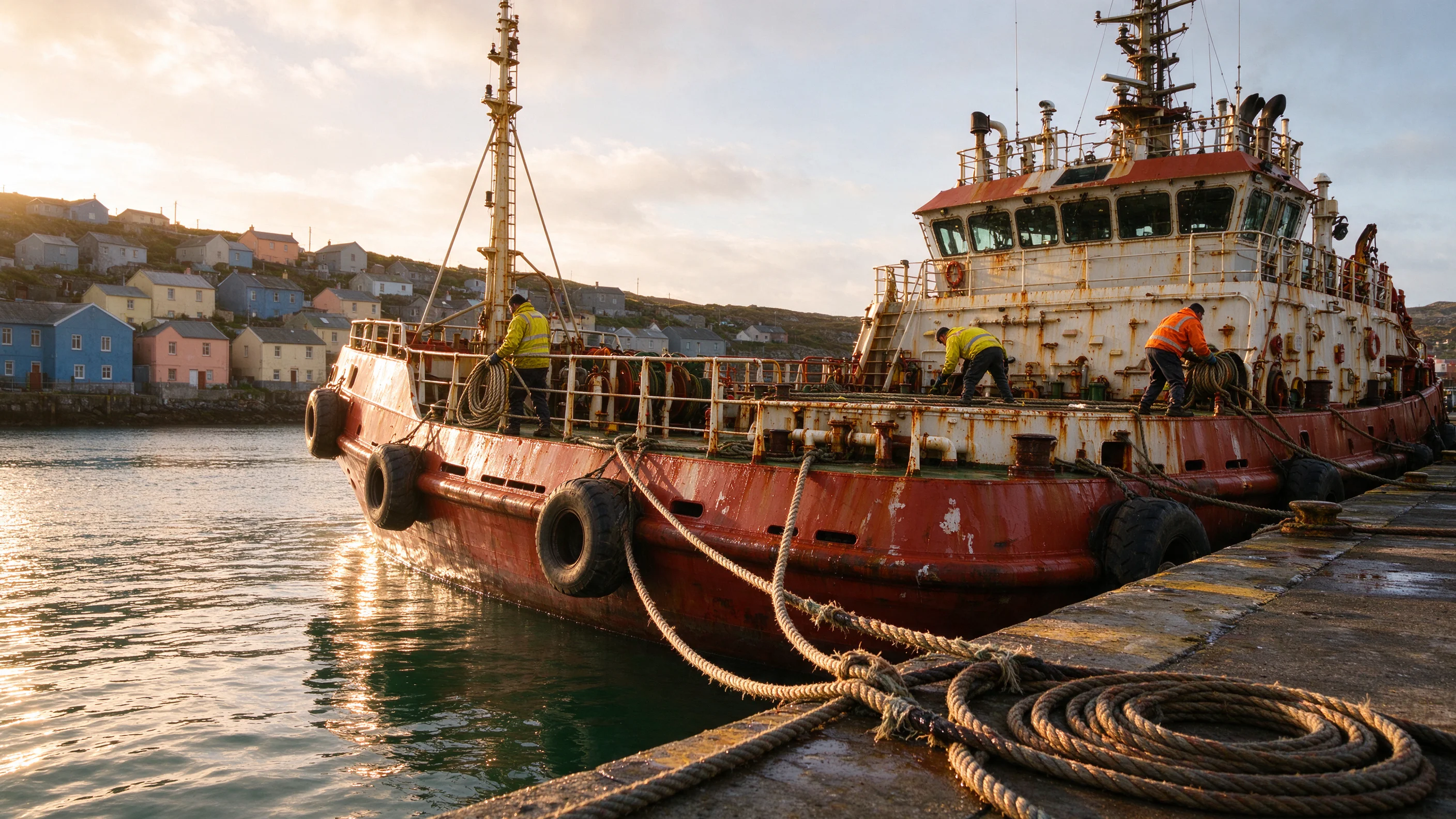 Offshore supply vessel moored in a small South Atlantic harbor at golden hour, crew securing lines alongside pastel hillside housing