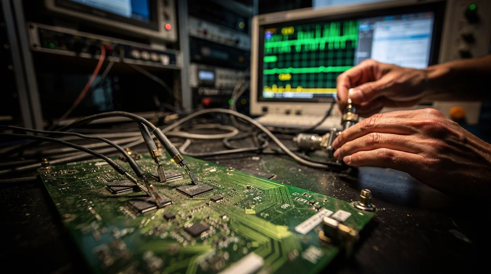 Close oblique view of logic-analyzer probes on a green PCB beside an oscilloscope trace in a dim validation lab