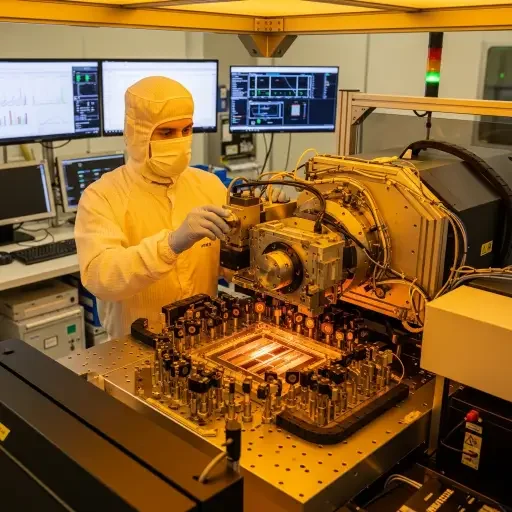 Technician calibrating an EUV scanner in a semiconductor cleanroom