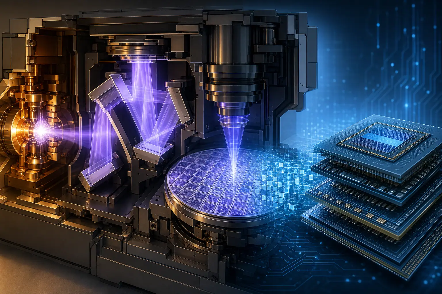 Cross-section diagram of an EUV lithography light path etching nanoscale circuits on a wafer that feeds into AI accelerator packages