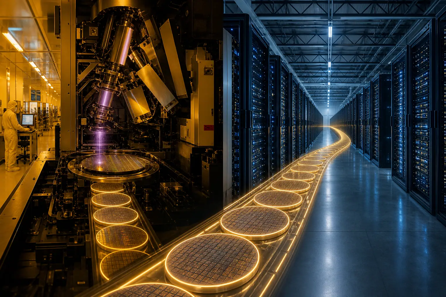 Split composition of an ASML EUV lithography chamber beside a glowing Google AI data-center hall, linked by a wafer path of light