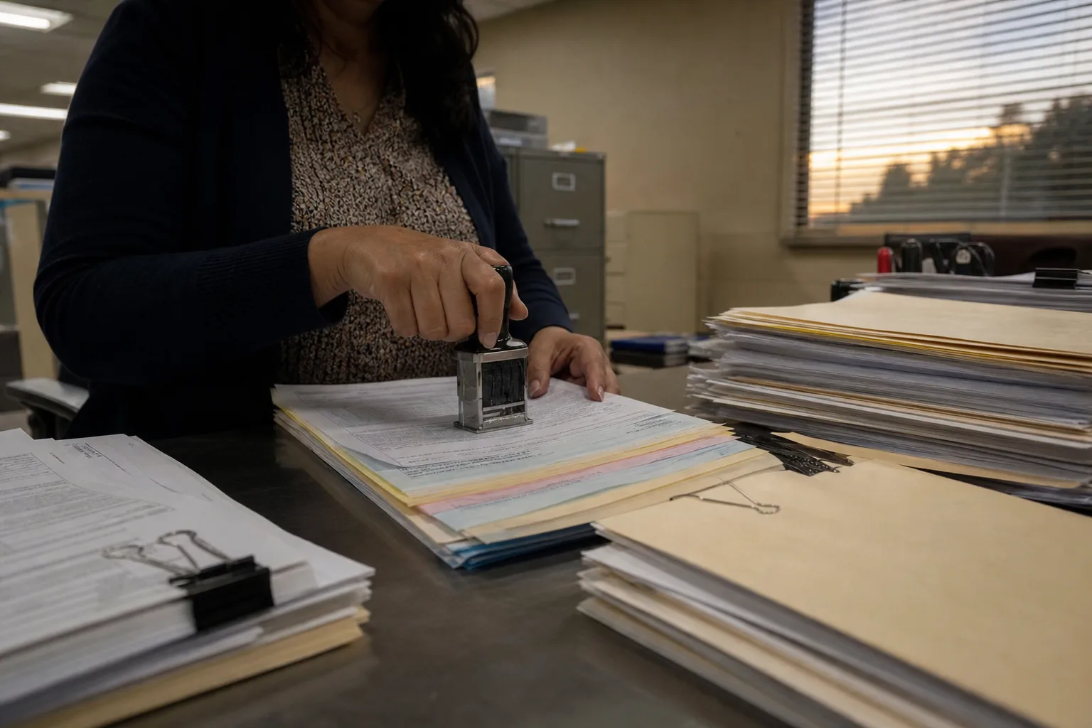 Stacks of California mass-layoff notice packets on a metal desk as a clerk stamps a form under mixed fluorescent and dusk light