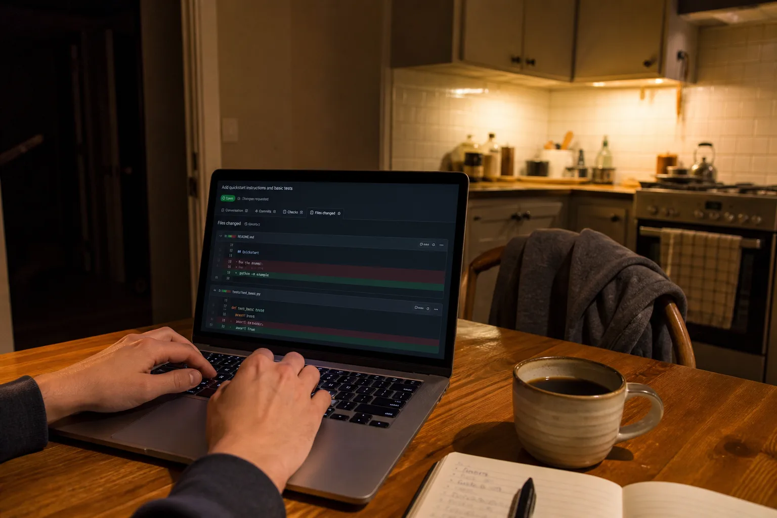 Hands at a kitchen table at night, a laptop open to a harmless-looking code review, coffee going cold
