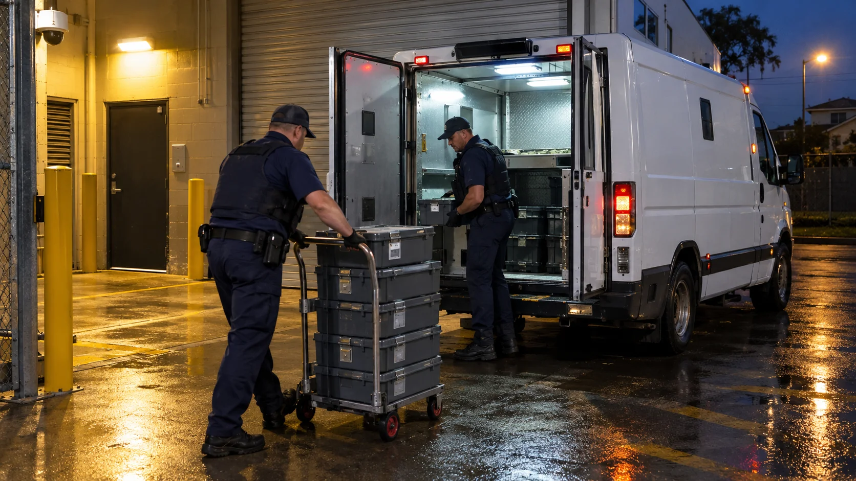 Armoured cash-in-transit van at a bank rear dock as guards move sealed note trays under sodium security lights