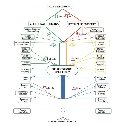 A decision tree diagram showing four possible response pathways (Slow Development, Accelerate Humans, Restructure Economics, Accept Decline) with each branch leading to various outcomes, highlighting trade-offs and risks associated with each approach