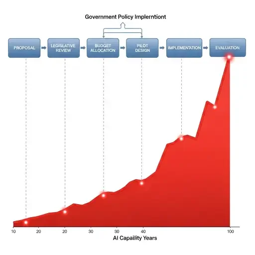 A flowchart showing the multi-year timeline of government policy implementation (Proposal → Legislative Review → Budget Allocation → Pilot Design → Implementation → Evaluation) juxtaposed against a rapidly ascending curve showing AI capability advancement over the same period