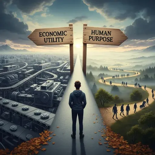 A philosophical concept illustration showing a person at a crossroads between two paths: one labeled 