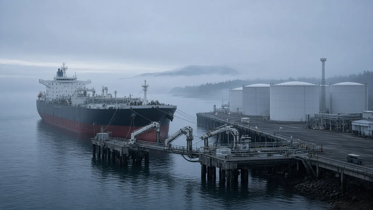 Product tanker at a coastal fuel terminal at dawn with loading arms to shore tanks