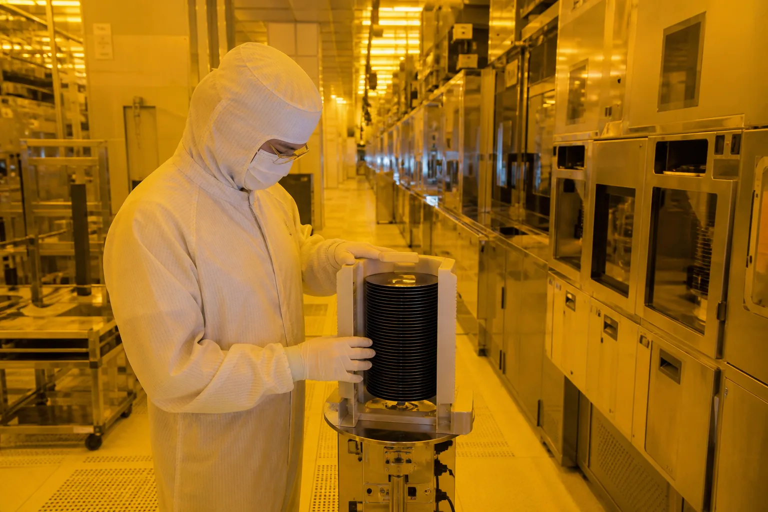 Technician in a cleanroom inspecting a dense cassette of unmarked silicon wafers under amber photolithography light