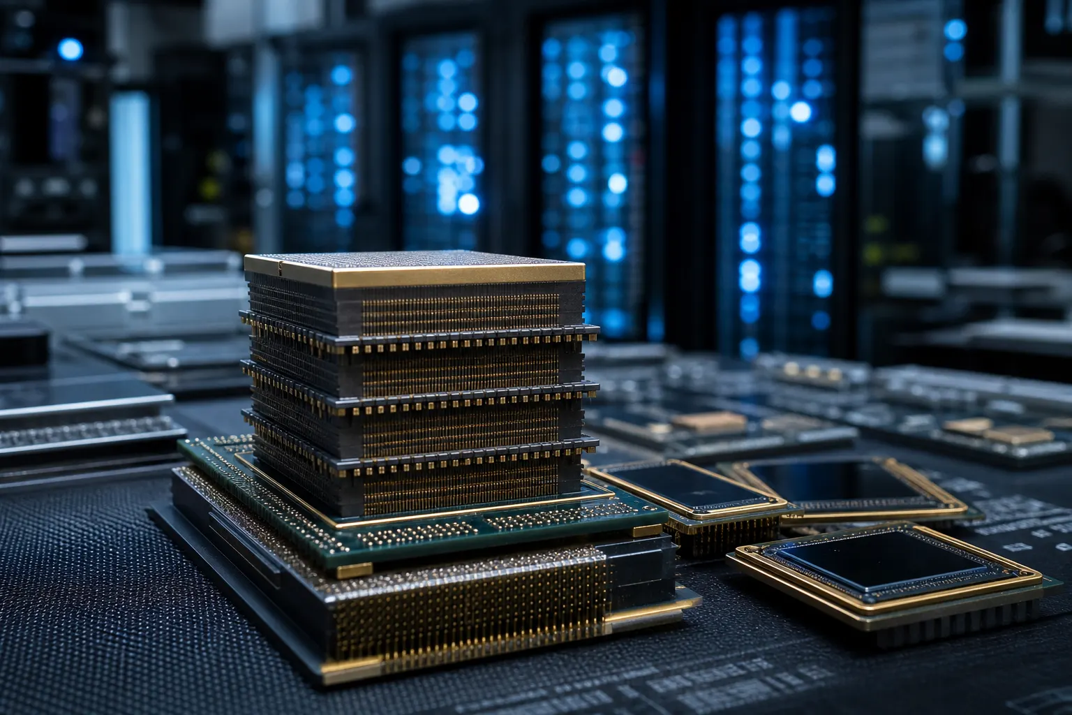 Close-up of high-bandwidth memory stacks and advanced chip packages with blurred server racks behind