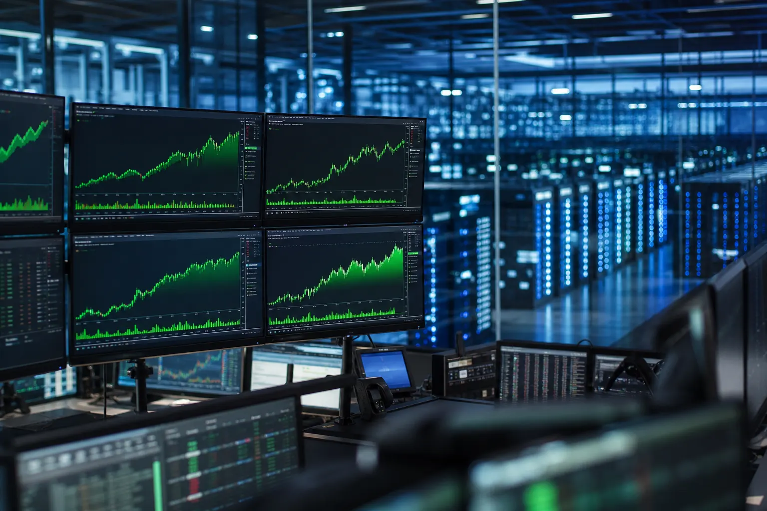 Trading-floor monitors showing rising cloud and semiconductor charts beside a glowing hyperscale data-center hall beyond the glass