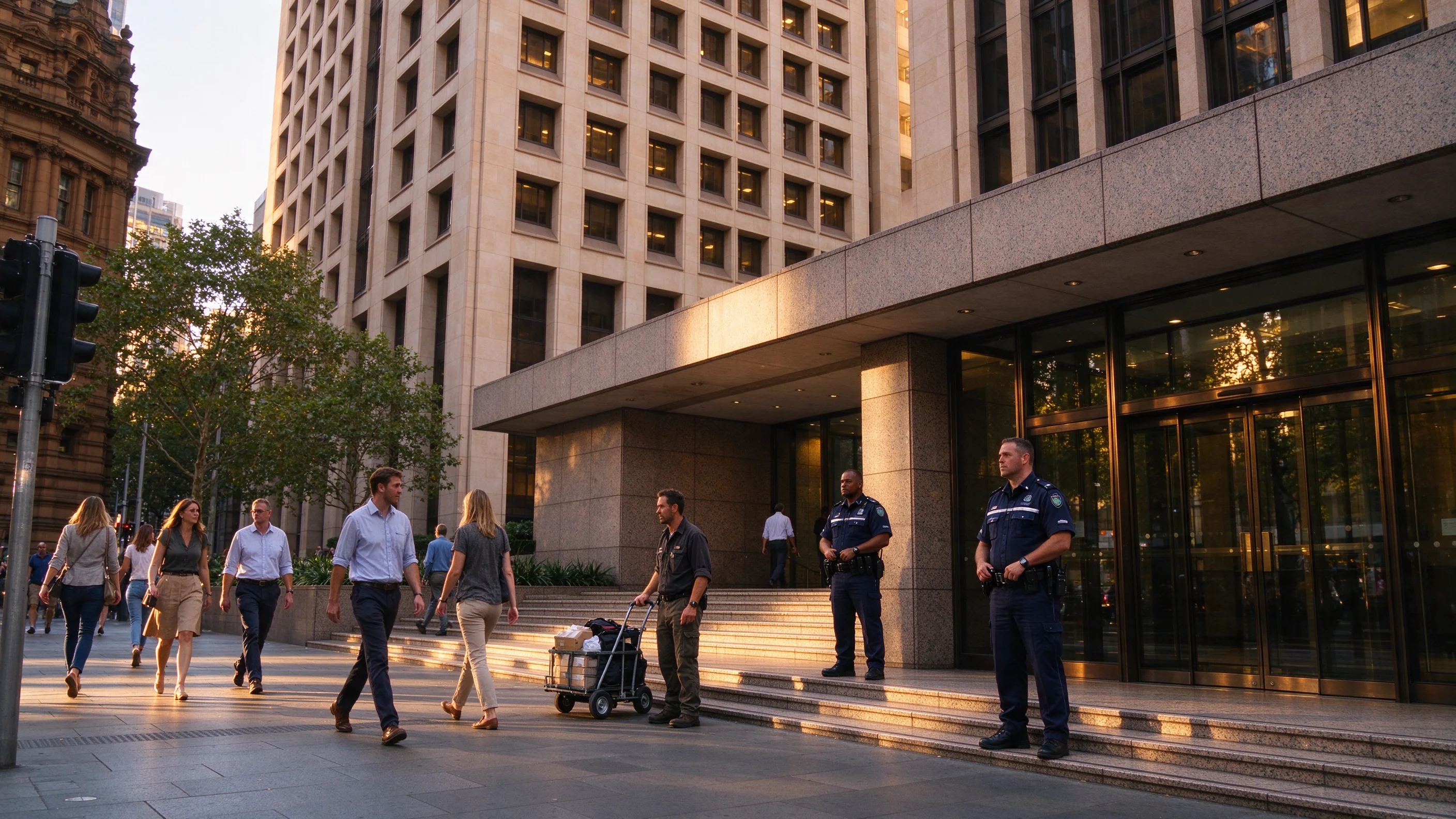 Golden-hour view of the Reserve Bank of Australia forecourt with pedestrians and staff near the glass entrance on Martin Place