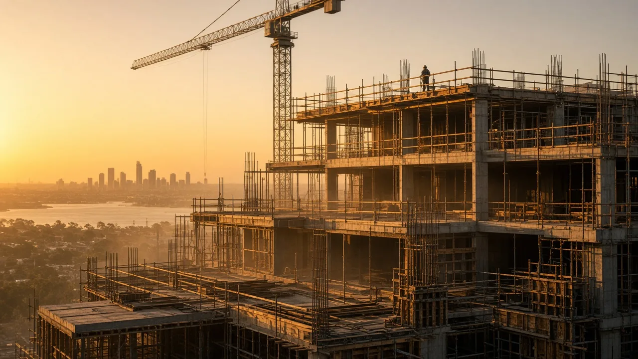 Riggers on a Perth apartment deck at golden hour under a tower crane, heat haze on formwork