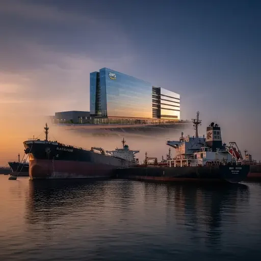 Composite image showing AWS data center facility alongside stranded oil tankers at anchor in the Gulf of Oman