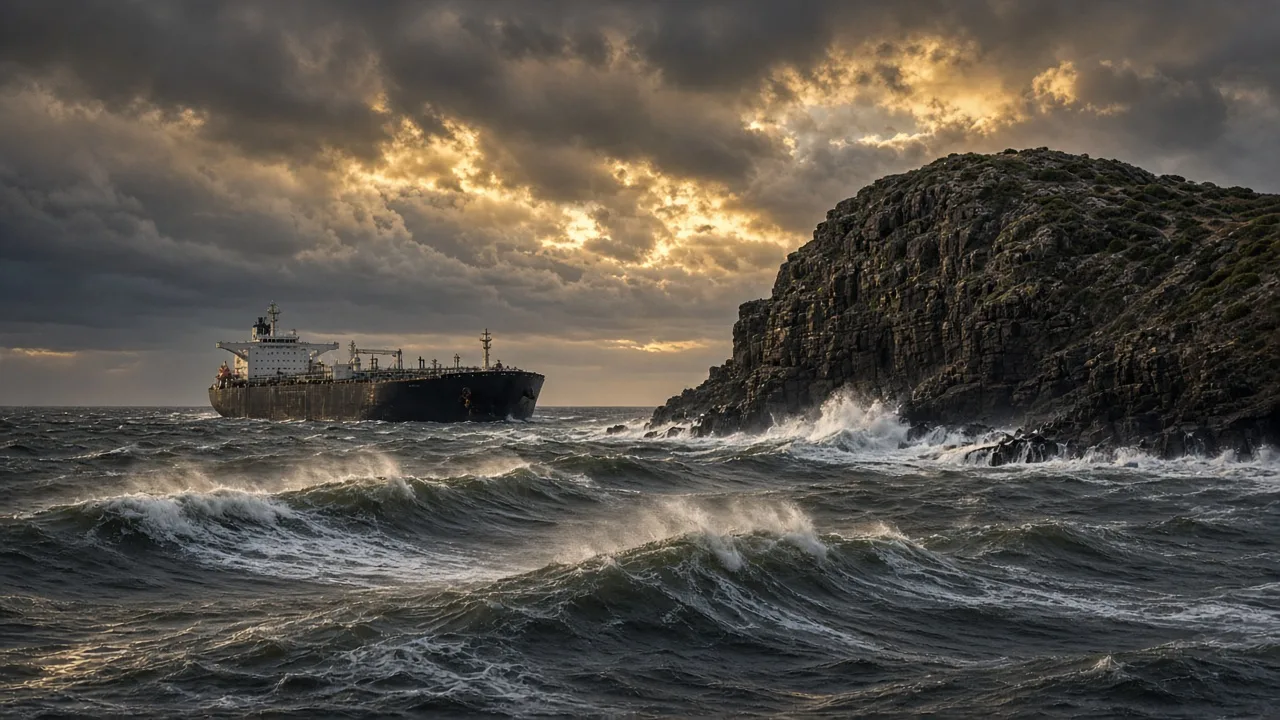 A laden crude tanker rounding a storm-lit Cape headland in heavy swell