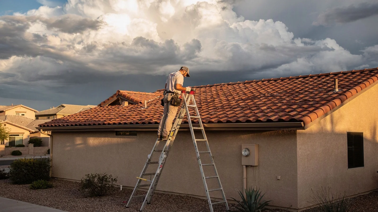 Home inspector on an extension ladder examining tile roofing beneath billowing monsoon clouds